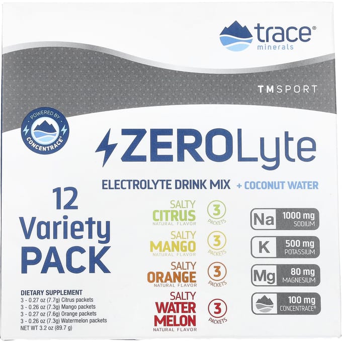 Trace, TM Sport, ZeroLyte, Mélange de boisson électrolytique + Eau de coco, Pack Variété, 12 Sachets, 3,2 oz (87.9 g)