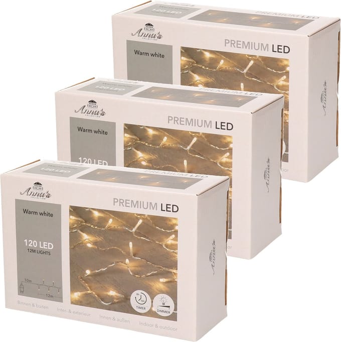 Anna's Collection Kerstverlichting - 3x - 120 led lampjes - warm wit - 1200 cm - dimmer - timer - lichtsnoer