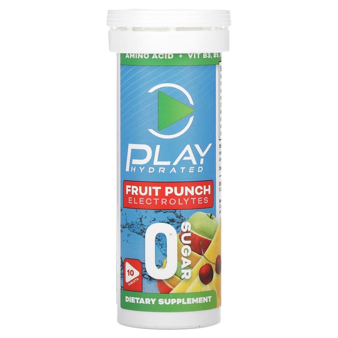 Play Hydrated, Elektrolyten, Fruit Punch Smaak, 10 Tabletten