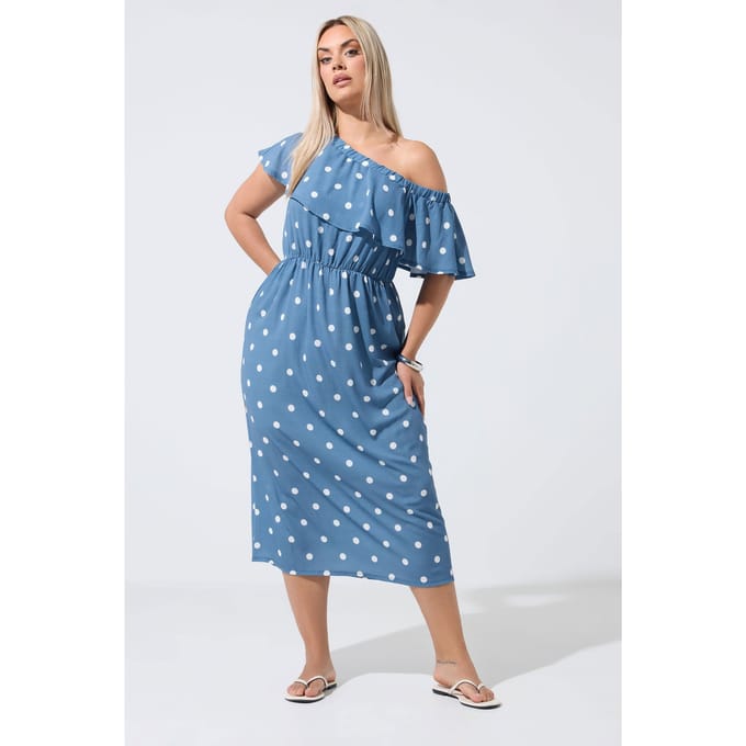 Limited Collection Blauwe Jurk Met Ruches En Stippen Size 40