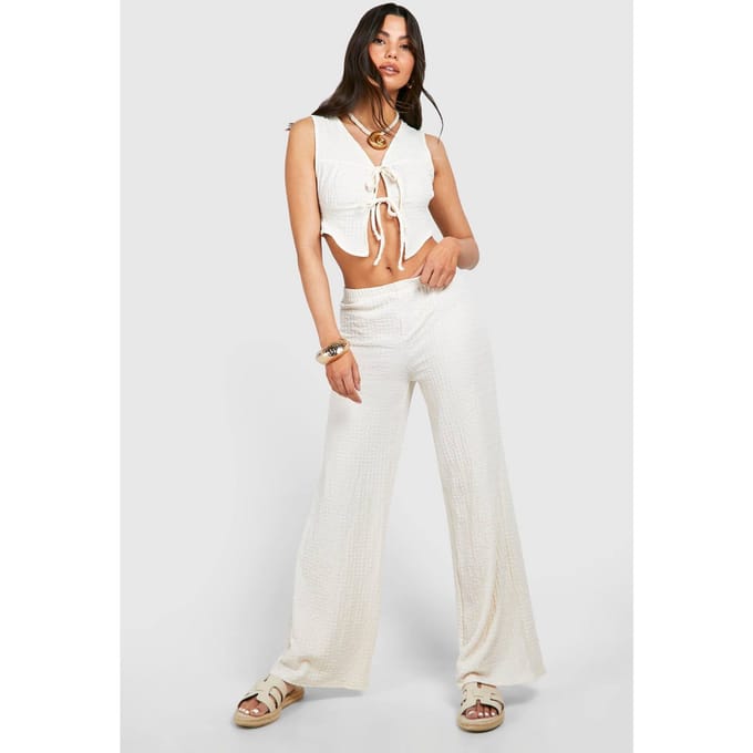 boohoo Dames Textured Crinkle Tie Front Top & Wijde Pijp Broek | Ecru | Maat: 8