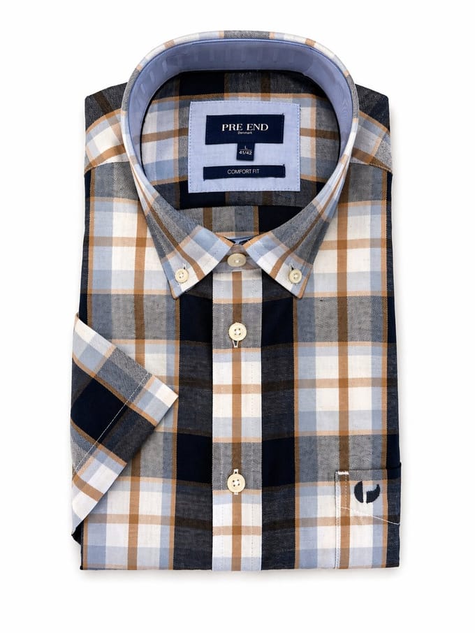 Pre End Overhemd - Korte mouw - Geruit - Strijkvrij - Regular fit - Blauw - Maat L