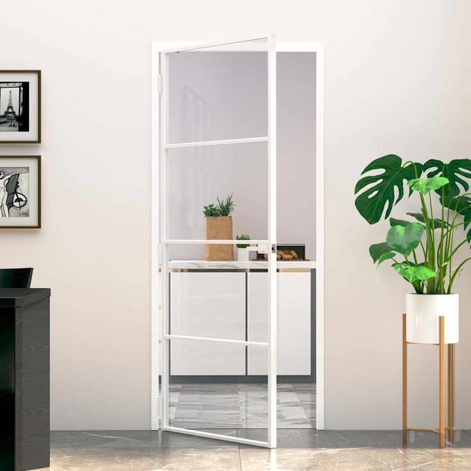 vidaXL - Binnendeur - 83x201,5 - cm - gehard - glas - en - aluminium - smal - wit