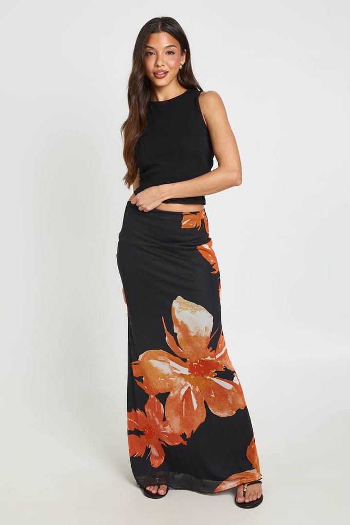 boohoo Dames Maxi Rok Met Bloemenprint En Mesh Voering | Black | Maat: 6