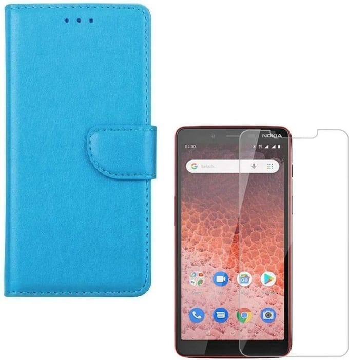 hoesje Geschikt voor: Nokia 1 Plus Portemonnee Turquoise met 2 stuks Glas Screen protector