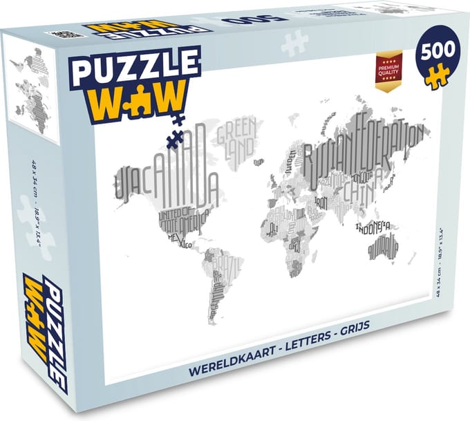 Puzzel Wereldkaart - Letters - Grijs - Legpuzzel - Puzzel 500 stukjes