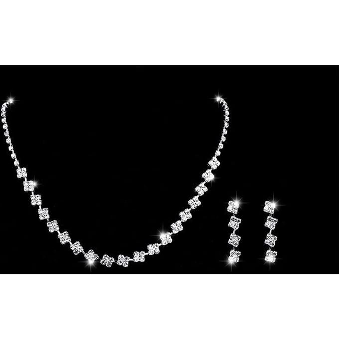 Glanzende Mode Strass Ketting Oorbellen Set, Bruiloft Bruids Sieraden Set, Ketting Flash Diamant Drie-delige Set zilver