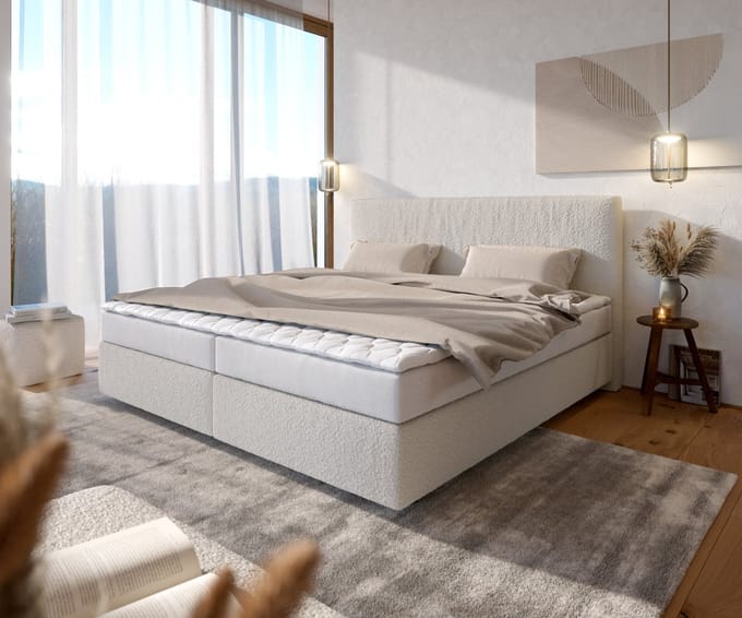 Boxspringbed Dream-Well Bouclé Crème-Wit 200x200 cm met Bonell-matras en PU-topper