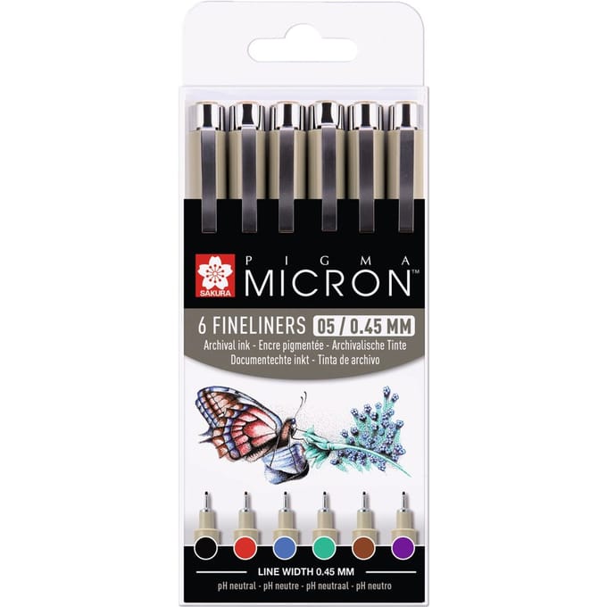 Fineliner Sakura Pigma Micron 05 basic set 6 kleuren