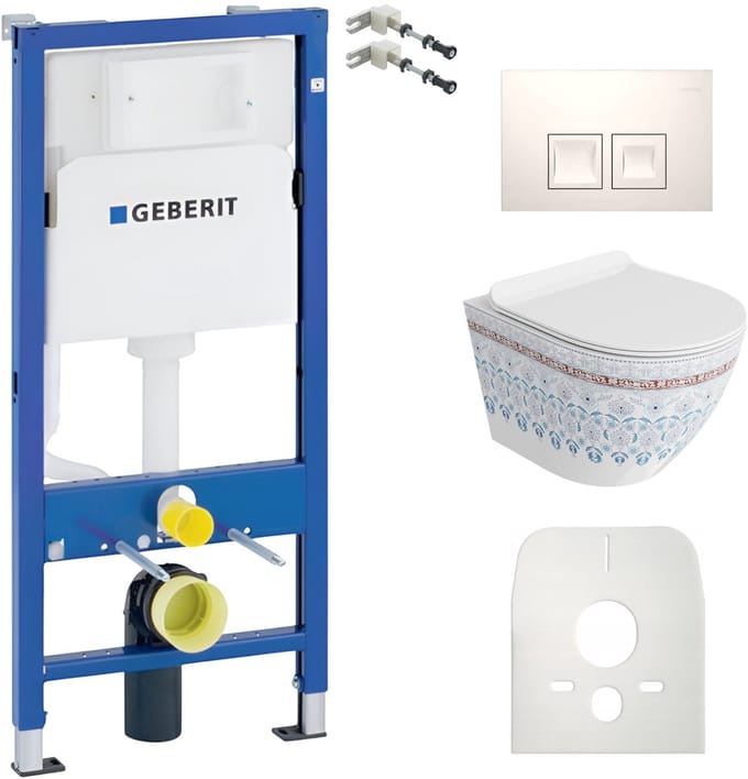 Geberit Duofix Basic Toiletset - Wandcloset SOFI SLIM FOLKLOR - Wit Hoogglans - Randloos - Bedieningsplaat Wit