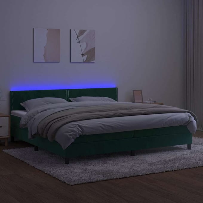 vidaXL - Boxspring - met - matras - en - LED - fluweel - donkergroen - 200x200 - cm