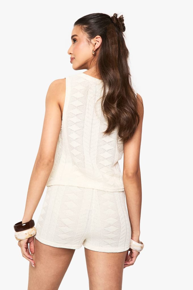 boohoo Dames Mix en Match gehaakte, getextureerde patroonshorts | Creme | Maat: 38