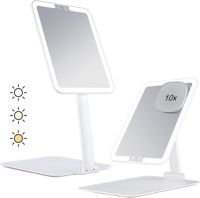 Oplaadbare Make-up Spiegel met 10x Vergroting en Instelbare LED Verlichting op Standaard