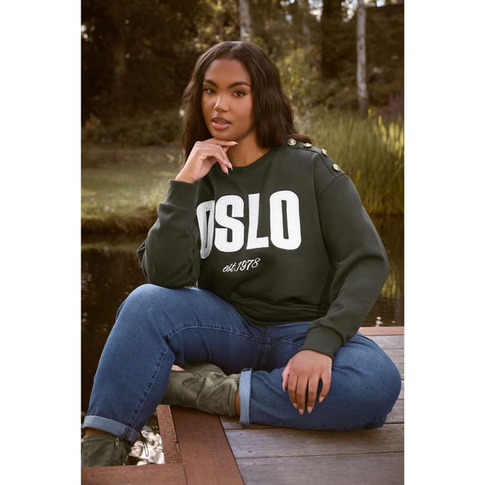 Yours Khaki Groene 'Oslo' Slogan Sweatshirt Size 50-52