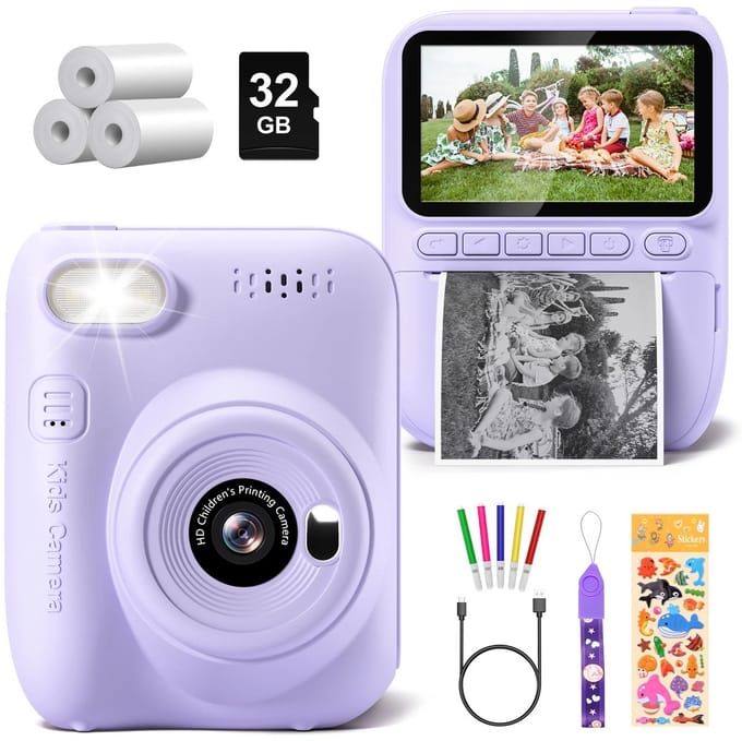 LabelOne Kindercamera - Digitale Kindercamera - Instant Print Camera - incl. 3 rollen printpapier en accessoires - lila/paars