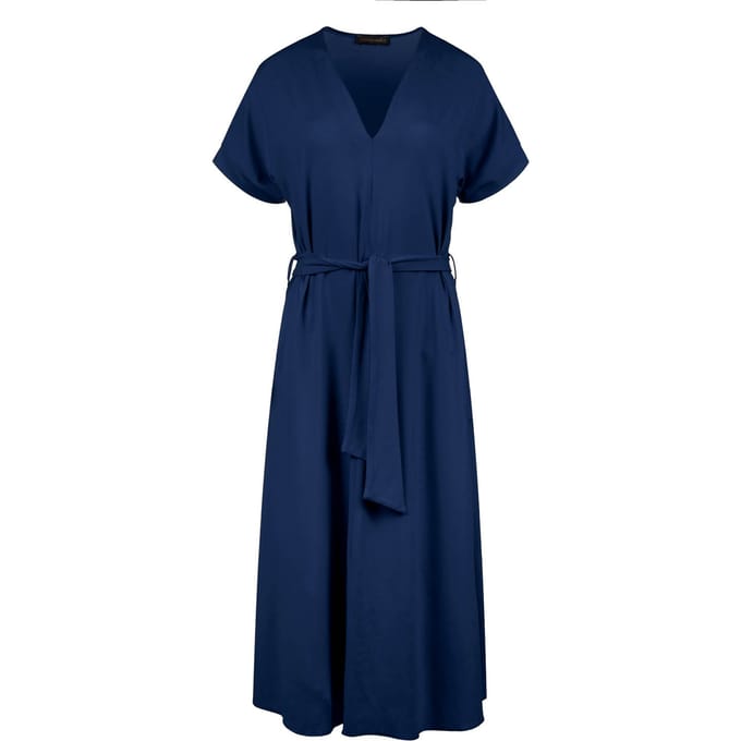 Blauwe jersey midi-jurk met riem