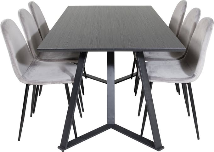 MarinaBLBL eethoek eetkamertafel zwart en 6 Polar eetkamerstal velours grijs.