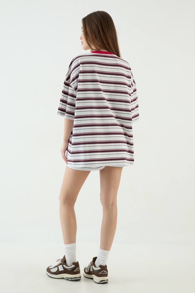 Dames Dsgn Studio Gestreept Contrast Oversized T-shirt Met Korte Mouwen | Ecru | Maat: 3XL