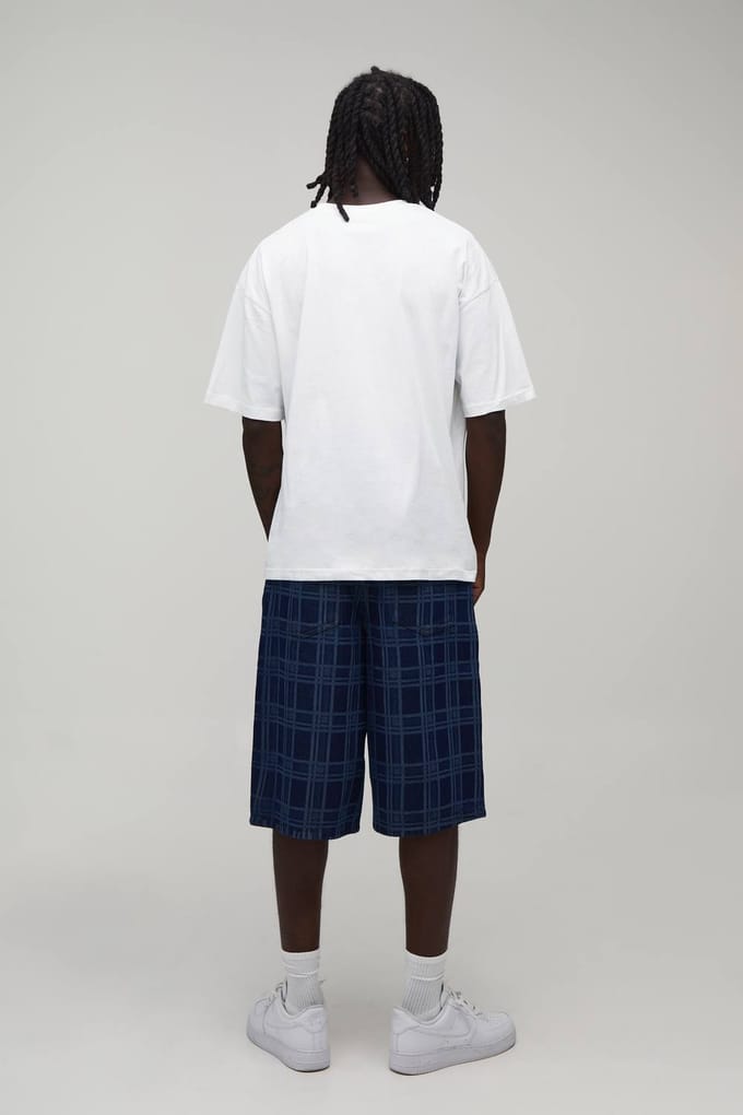 Longline Check Printed Denim Jorts | Indigo | Size 48