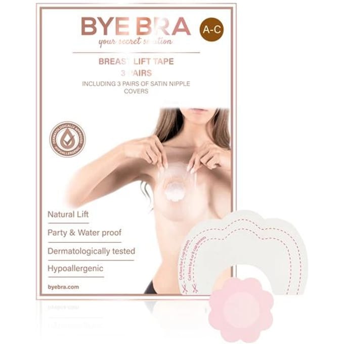 Bye Bra zelfklevende borstlift tape, onzichtbaar, push-up, A-C, beige satijnen tepelcovers (A-C)
