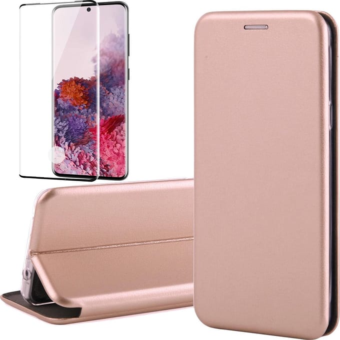 Hoesje geschikt voor Samsung Galaxy S20 - Screen Protector FullGuard - Book Case Kunstleer ThinShield Roségoud & Screenprotector