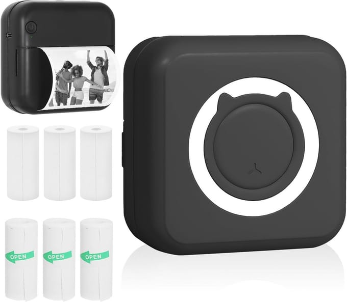 Draagbare thermische printer voor Android en iOS - Inclusief 6 papierrollen, Bluetooth-inktprinter voor labels, foto's en notities