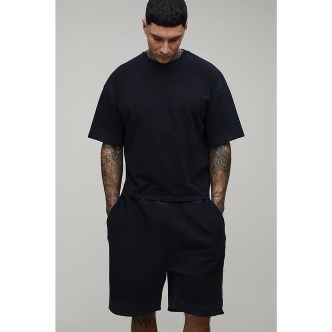 Lang Oversized Gekrompen Spray Naad Wassing T-shirt & Shorts Set | Black | Size Medium