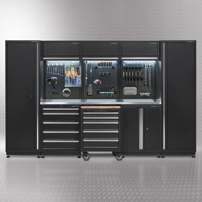 Datona® Werkplaatsinrichting PREMIUM met RVS werkblad 325 cm breed - Zwart