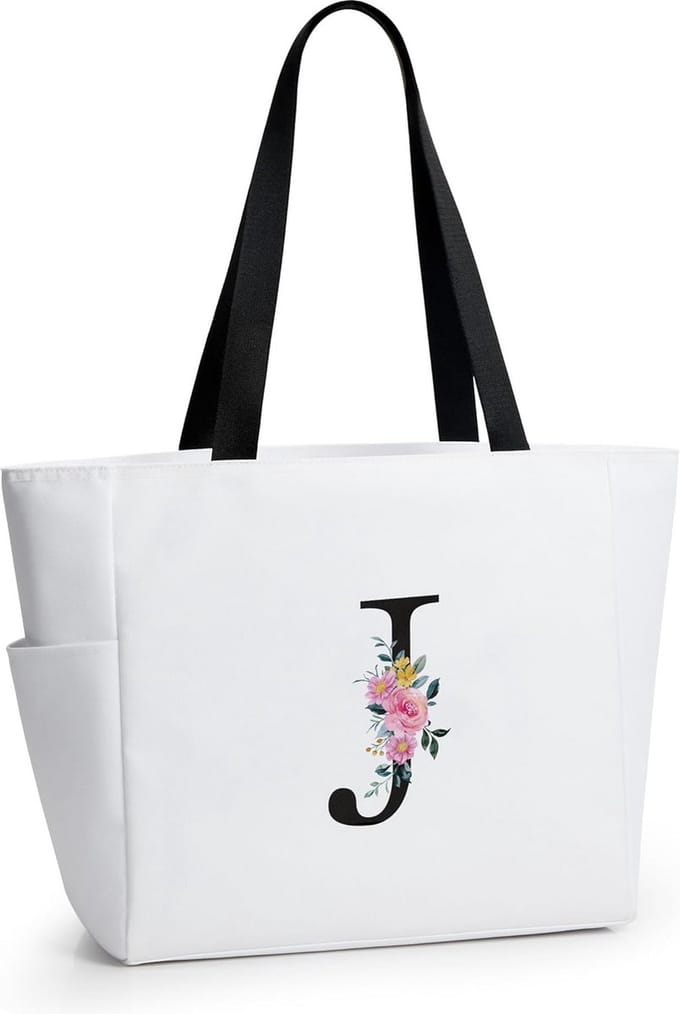 Gepersonaliseerde Strandtas met Initialen, Grote Waterdichte Tote Bag met Ritssluiting