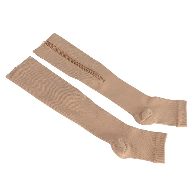 2 stuks compressiesokken met ritssluiting, steunkousen, elastische open teenbeensteunkous beige