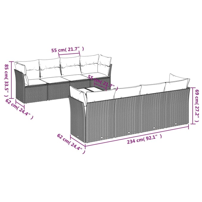 vidaXL - 9-delige - Loungeset - met - kussens - poly - rattan - beige