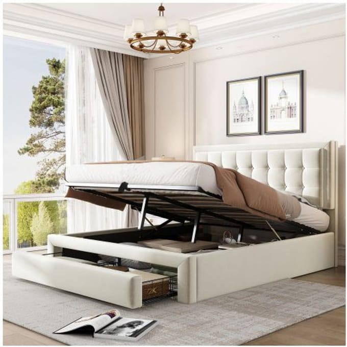 Lit tapissé - MUVOE - 140x190 - Beige - 2 tiroirs - Tête de lit réglable beige
