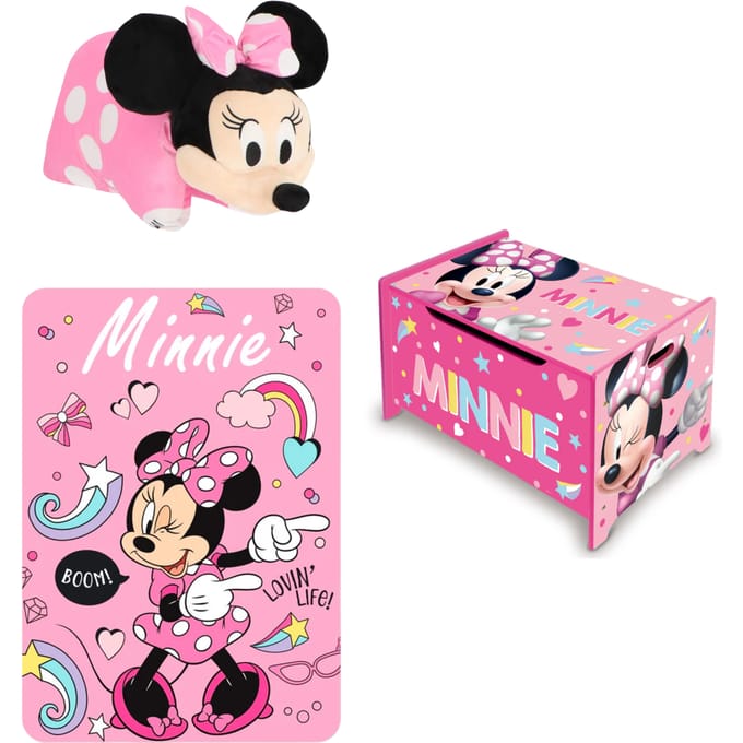 Minnie Mouse slaapkamerset; speelgoedkist, kussen en fleecedeken