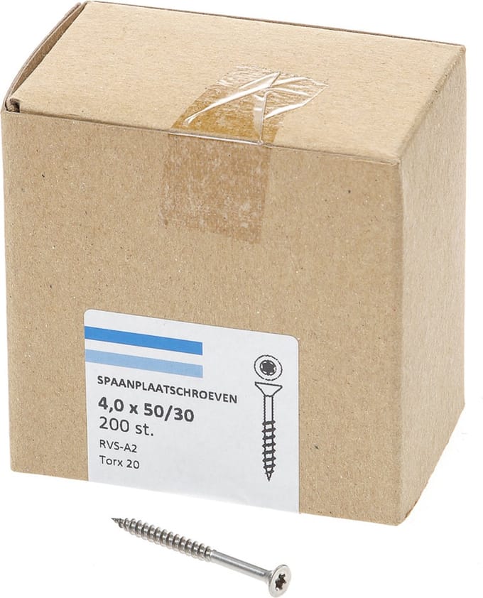 Hoenderdaal Spaanplaatschroef RVS platverzonken kop TX20 deeldraad 4.0X50/30 (per 200 stuks)
