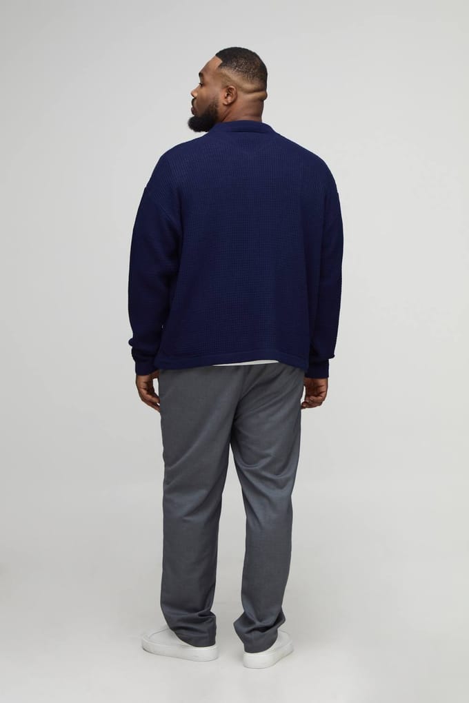 Plus Boxy Rib Long Sleeve Knitted Shirt | Navy | Size 2XL