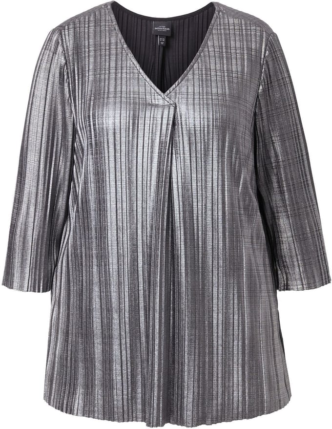 Ulla Popken - Dames - Plissé-blouse A-lijn V-hals 3/4-mouwen - Zilver - Maat 58+