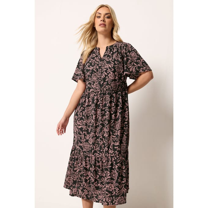 Yours Zwarte Abstracte Bloemenprint Jurk Met Knoopsluiting Size 48