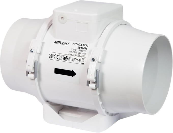 Inline Afvoerventilator 125mm met Timer en Dubbele Snelheid - Energiezuinig