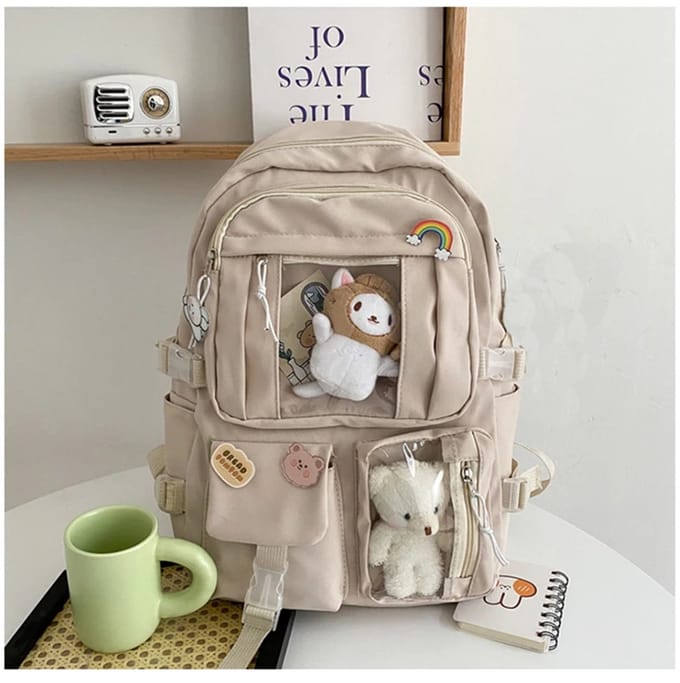 Rugzak Nylon met Grote Capaciteit – Meisjes Schooltas met Accessoires – Beige