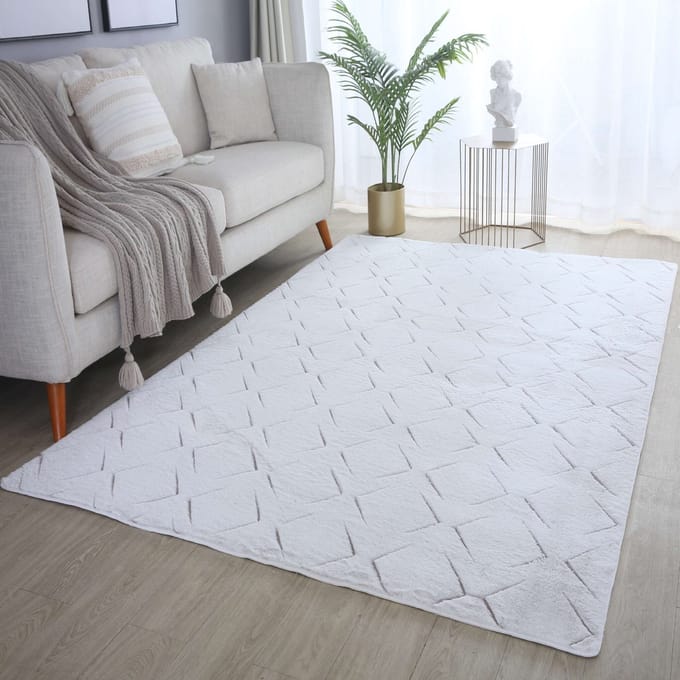 Flycarpets Nonia Hoogpolig Fluffy 3D Design Geruit Vloerkleed - Beige - 140x200 cm