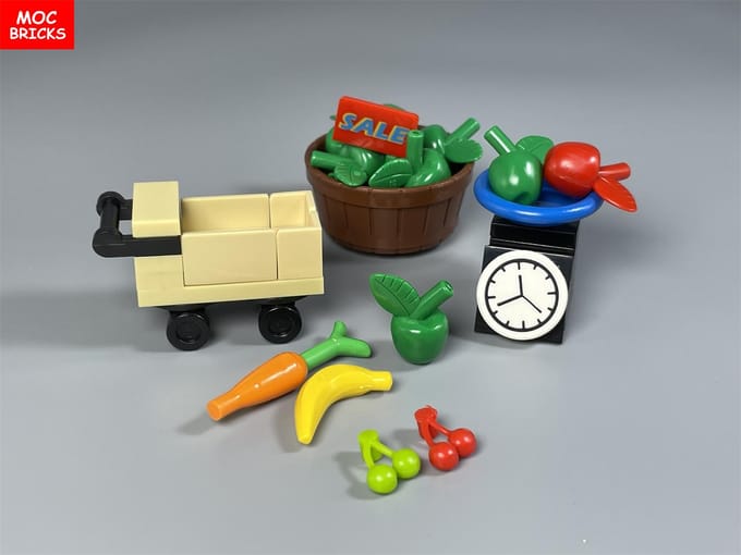 MOC Stenen Voedsel Fruit Display Plank Gereedschap Stad Keuken Accessoires Educatief Bouwstenen Kinder Speelgoed