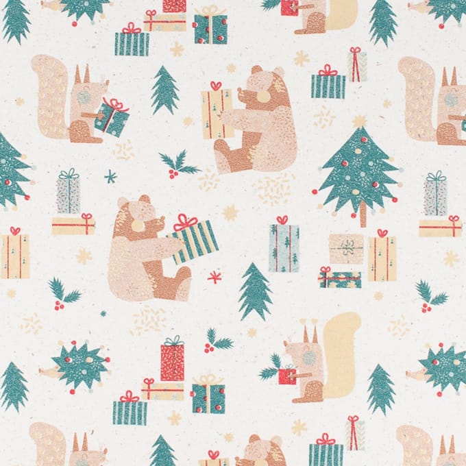 Inpakpapier - 30 cm x 100 m - kerst naturel dieren - graspapier - 100% gerecycled