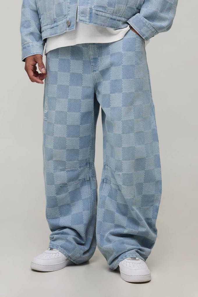 Barrel Fit Checkerboard Jacquard Denim Jeans | Light Blue | Size 46R