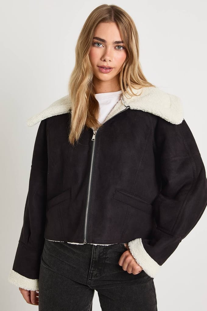 boohoo Dames Teddy Trim nepsuede Aviator | Black | Maat: 8