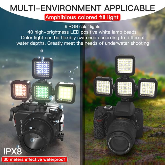 30m/98ft Waterdichte RGB LED Videolamp Draagbare Mini Cameralamp 5500K Kleurtemperatuur Dimbaar zwart