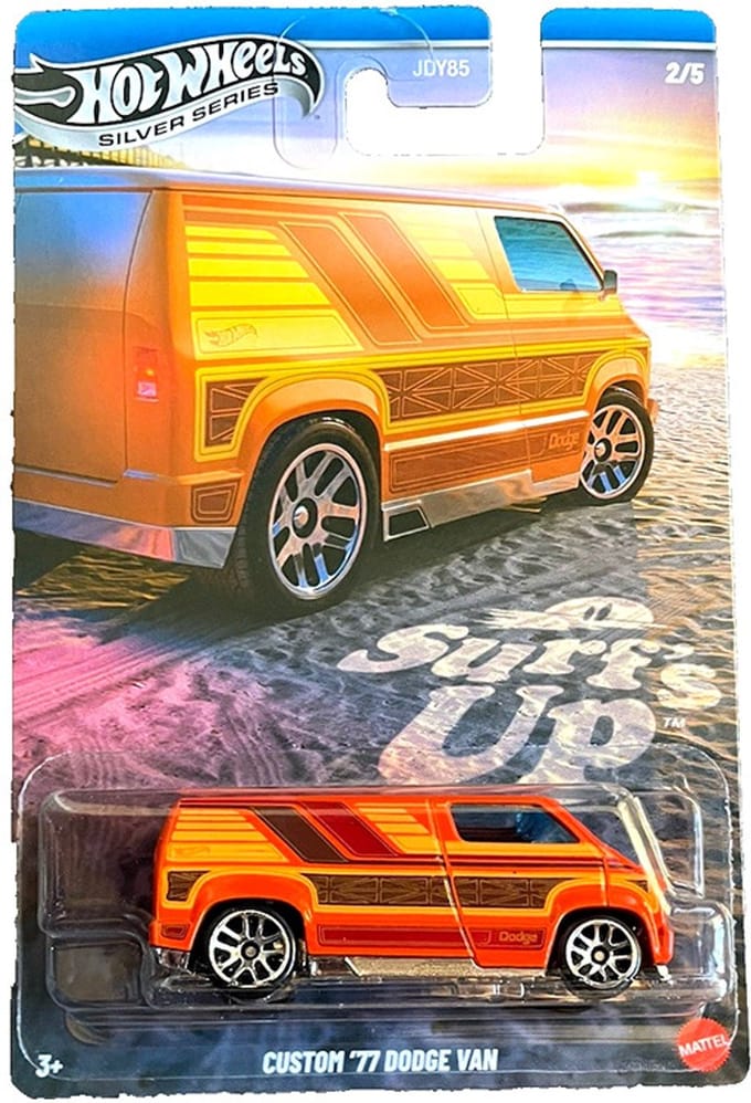 HOT WHEELS CUSTOM '77 DODGE VAN ORANGE STRIPE 1:64 HW VINTAGE SILVER SERIES 2/5 SURF'S UP