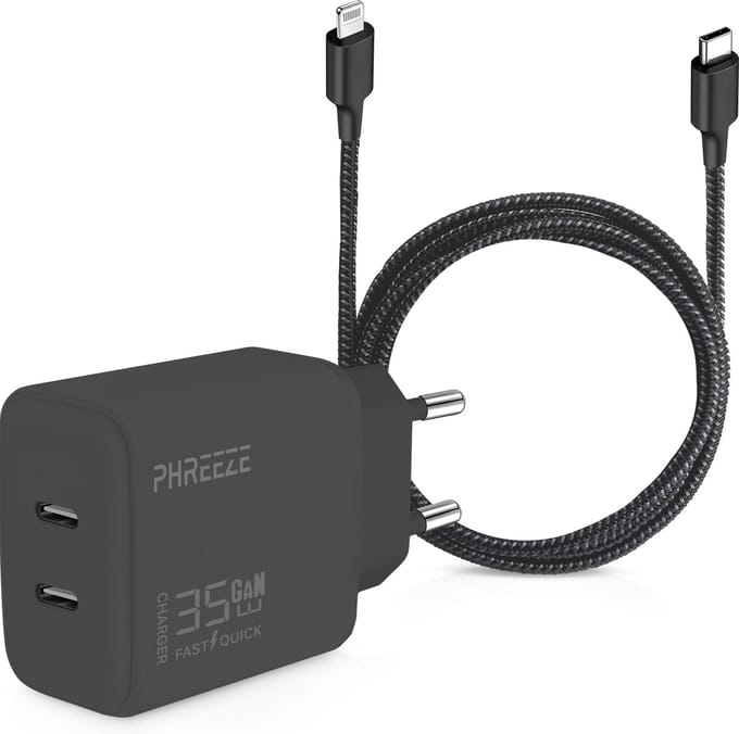 Usb C snellader 2 poorten + Oplader kabel geschikt voor iPhone 14/13/12/11/X/8/7/SE - Lightning naar usb-C kabel - 2 meter