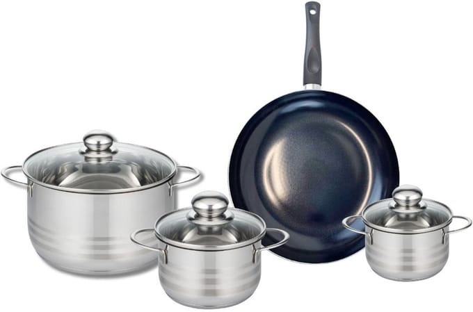 Set van 1 Koekenpan 24 cm en 3 kookpotten 12, 14 en 20 cm Elo Prima Glanzend
