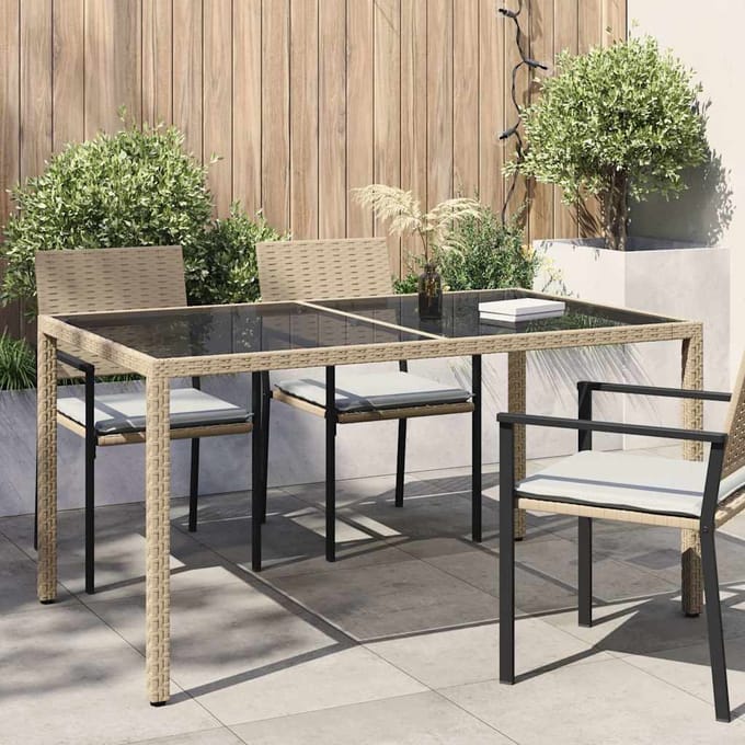 vidaXL - Tuintafel - 150x90x75 - cm - gehard - glas - en - poly - rattan - beige