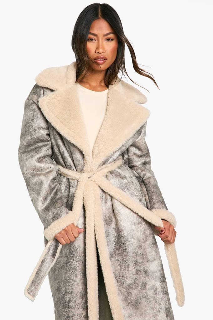 boohoo Dames Vintage Look lang gesneden met riem afgewerkte vliegerjack | Grey | Maat: 10